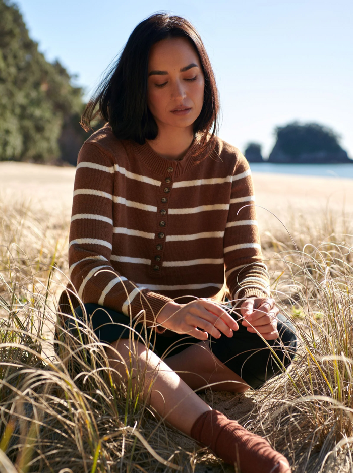 MAXTED - Breton Stripe Button Henley - Ochre/Ivory - DiSTiNCT