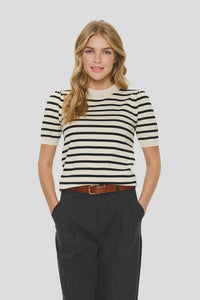 SAINT TROPEZ - Mila SS Striped Pullover - Brown Rice Black Stripe