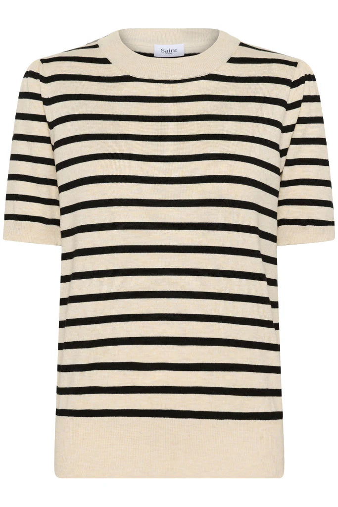 SAINT TROPEZ - Mila SS Striped Pullover - Brown Rice Black Stripe