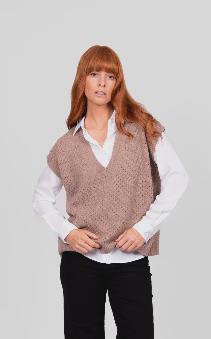 BRIDGE & LORD - Cable Pointelle V-Neck Vest - Cobblestone