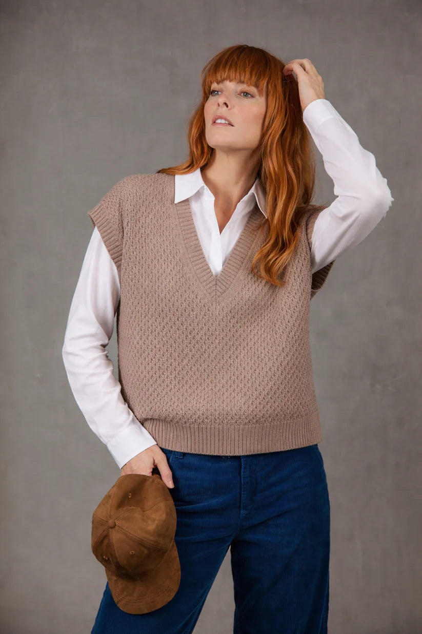 BRIDGE & LORD - Cable Pointelle V-Neck Vest - Cobblestone