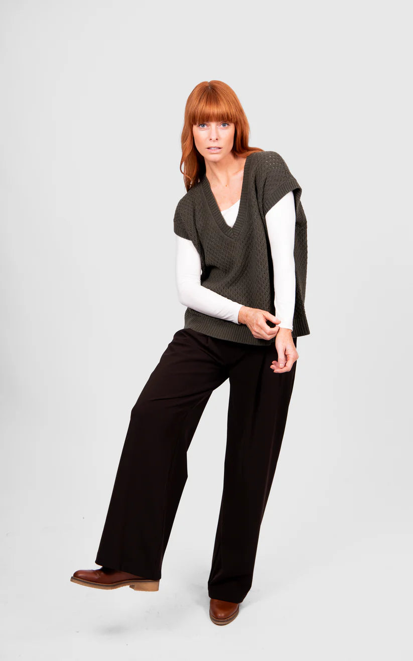 BRIDGE & LORD - Cable Pointelle V-Neck Vest - Olive