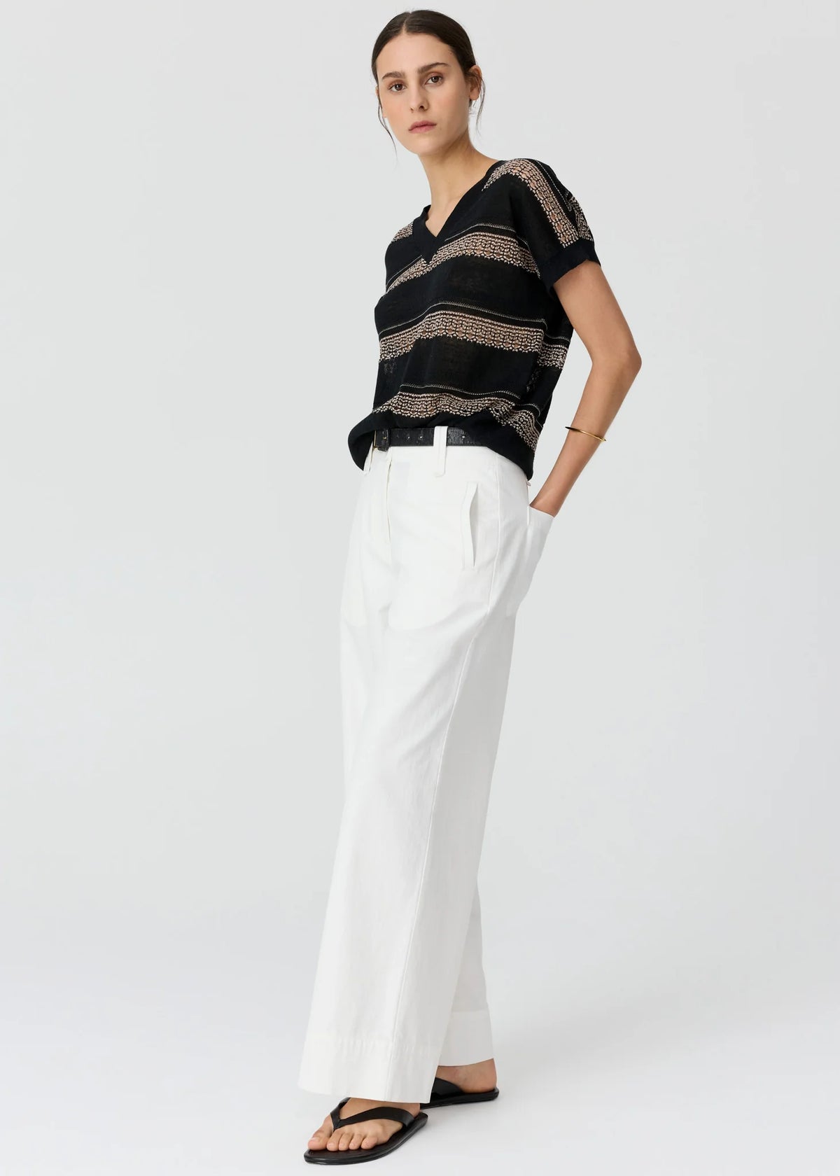POL - Liana V-Neck Pointelle Knit - Pink/Black
