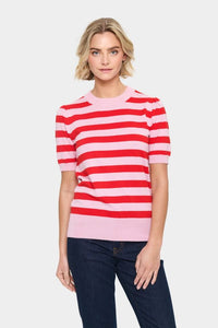 SAINT TROPEZ - Mila SZ SS Block Stripe Pullover - Pink Flame Block Stripe