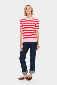 SAINT TROPEZ - Mila SZ SS Block Stripe Pullover - Pink Flame Block Stripe