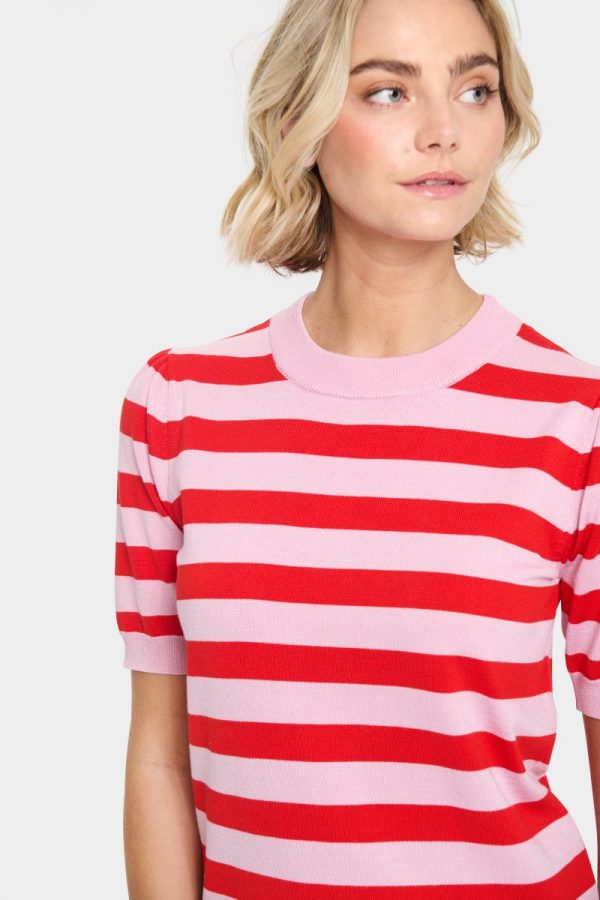 SAINT TROPEZ - Mila SZ SS Block Stripe Pullover - Pink Flame Block Stripe
