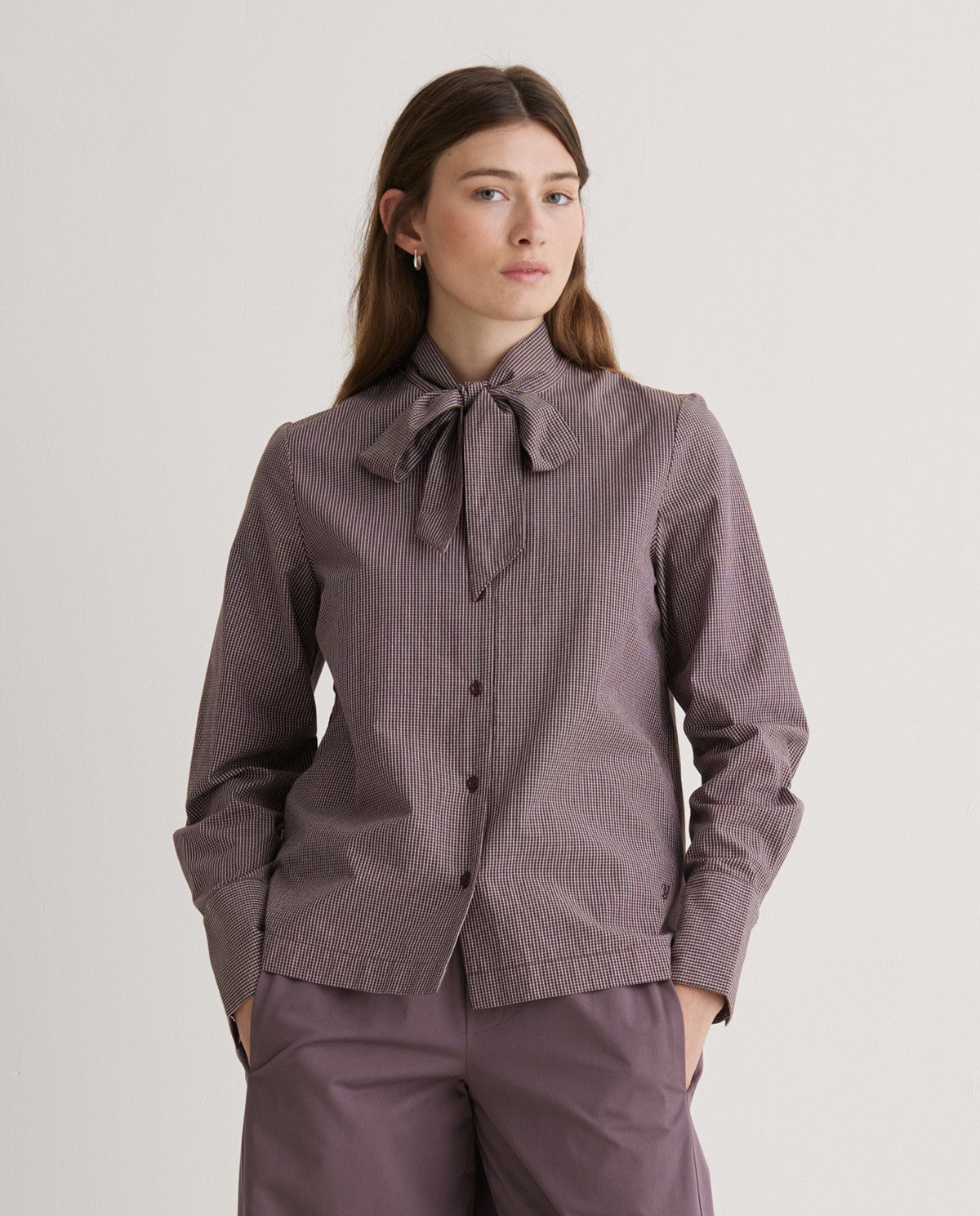 YERSE - Lacing Neck Checks Shirt - Maroon